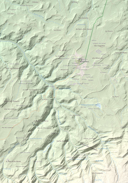 Mapa de relieve de Punta del Curull, 1022 m, Conca de Barberà · Garrigues, lámina 100 Cims de Trobart. Detalle de la zona superior izquierda. 70 × 100 cm.