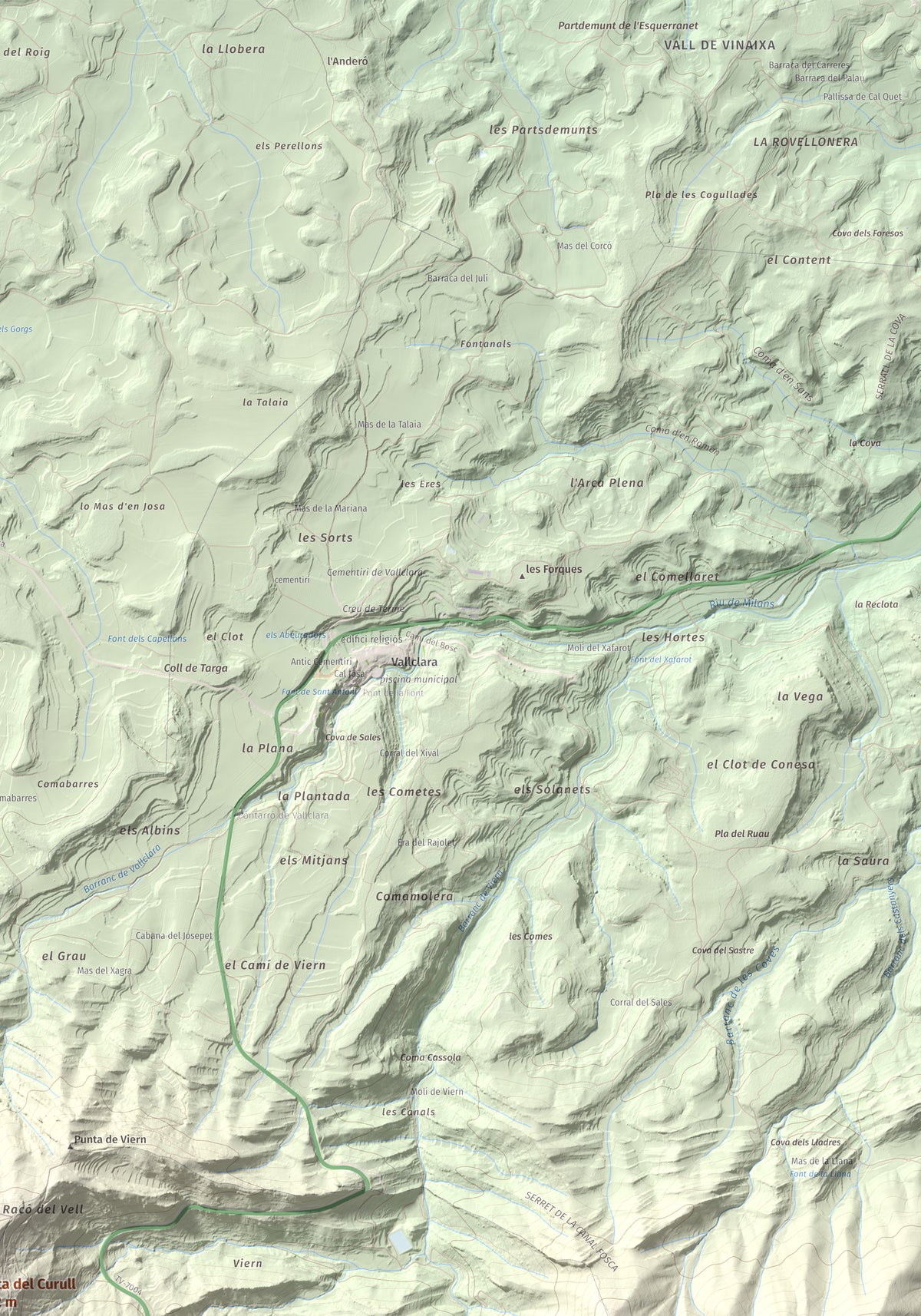 Mapa de relieve de Punta del Curull, 1022 m, Conca de Barberà · Garrigues, lámina 100 Cims de Trobart. Detalle de la zona superior derecha. 70 × 100 cm.