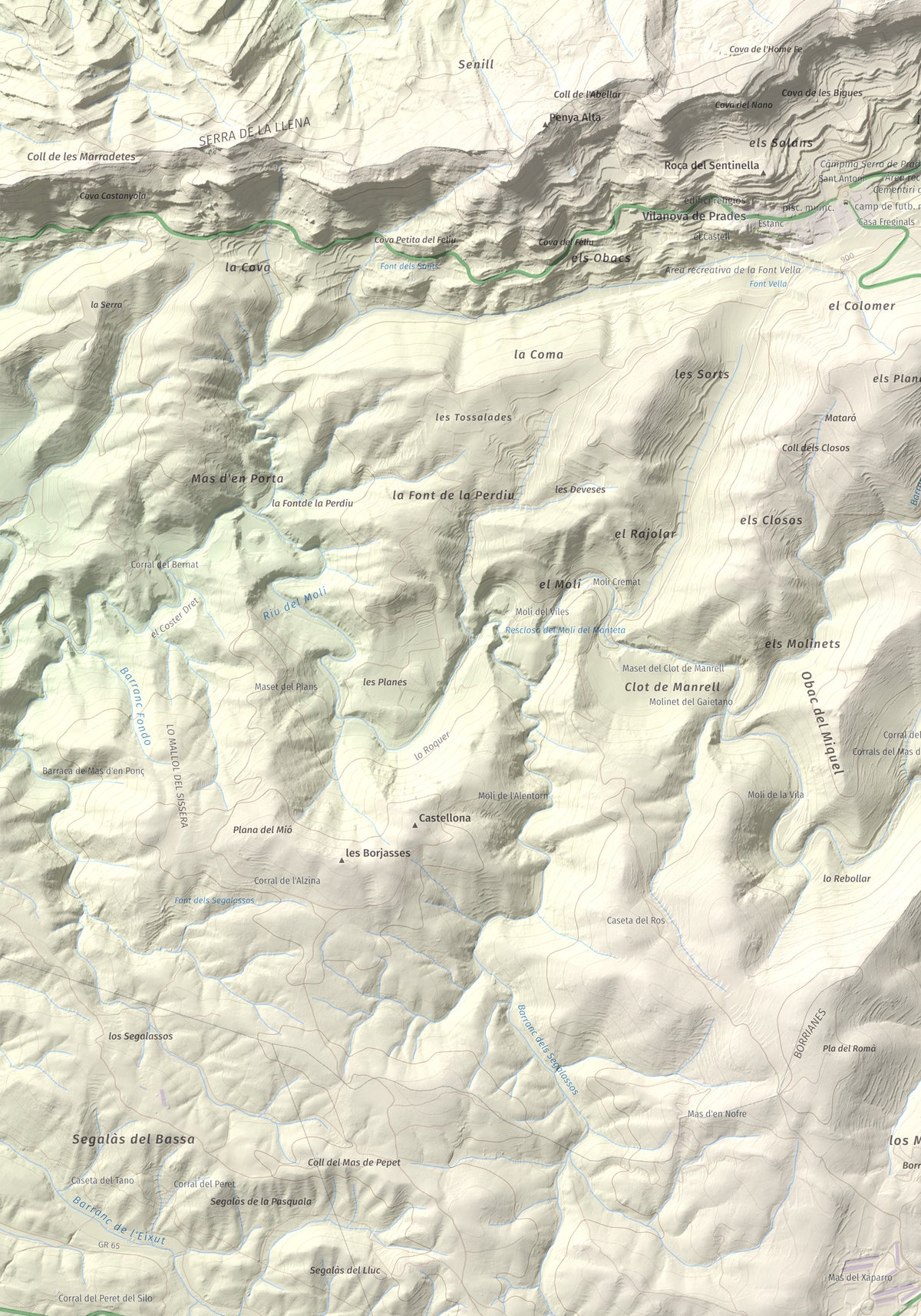 Mapa de relieve de Punta del Curull, 1022 m, Conca de Barberà · Garrigues, lámina 100 Cims de Trobart. Detalle de la zona inferior izquierda. 70 × 100 cm.