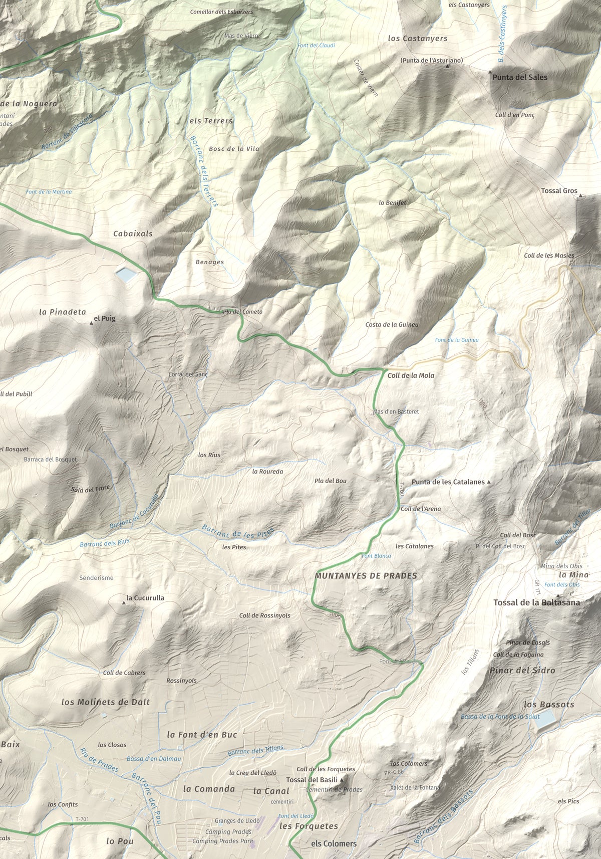 Mapa de relieve de Punta del Curull, 1022 m, Conca de Barberà · Garrigues, lámina 100 Cims de Trobart. Detalle de la zona inferior derecha. 70 × 100 cm.