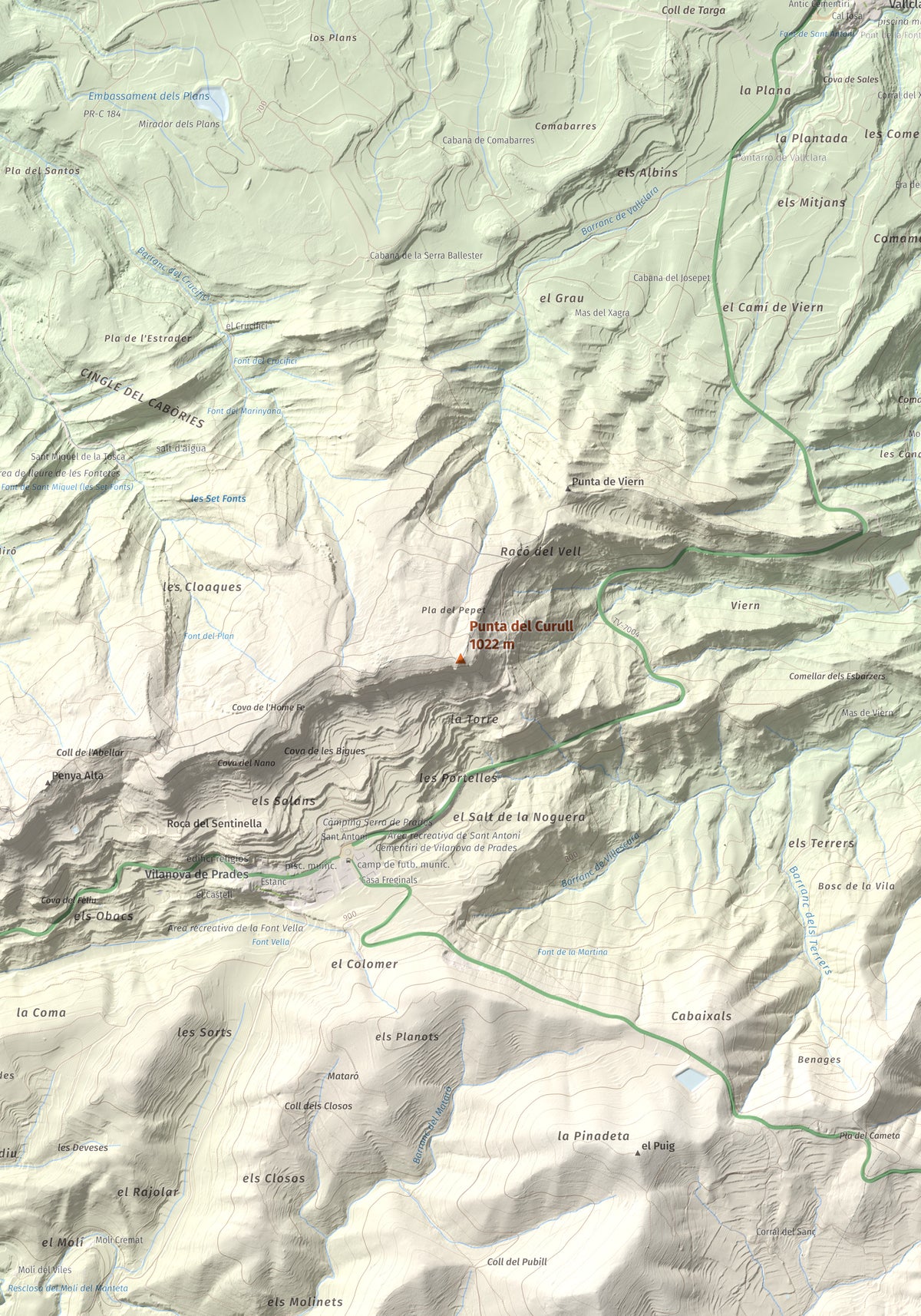 Mapa de relieve de Punta del Curull, 1022 m, Conca de Barberà · Garrigues, lámina 100 Cims de Trobart. Detalle de la zona central. 70 × 100 cm.