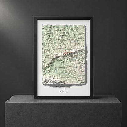 Mapa de relieve de Punta del General, 923 m, Garrigues · Priorat, lámina 100 Cims de Trobart. Presentación enmarcada. 21 × 30 cm.