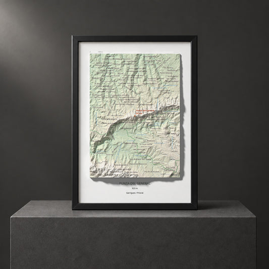 Mapa de relieve de Punta del General, 923 m, Garrigues · Priorat, lámina 100 Cims de Trobart. Presentación enmarcada. 21 × 30 cm.