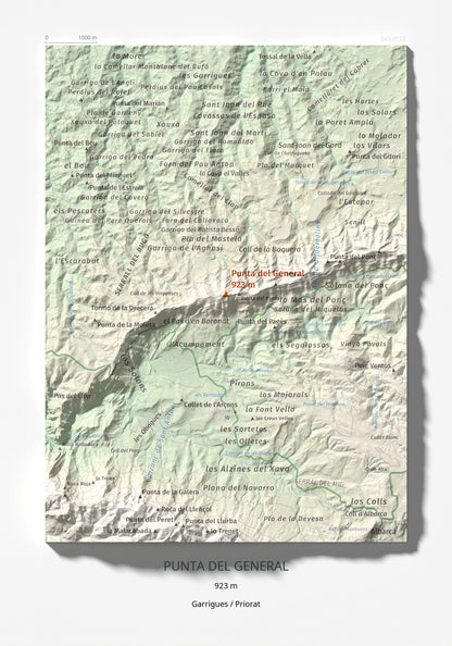 Mapa de relieve de Punta del General, 923 m, Garrigues · Priorat, lámina 100 Cims de Trobart 21 × 30 cm.