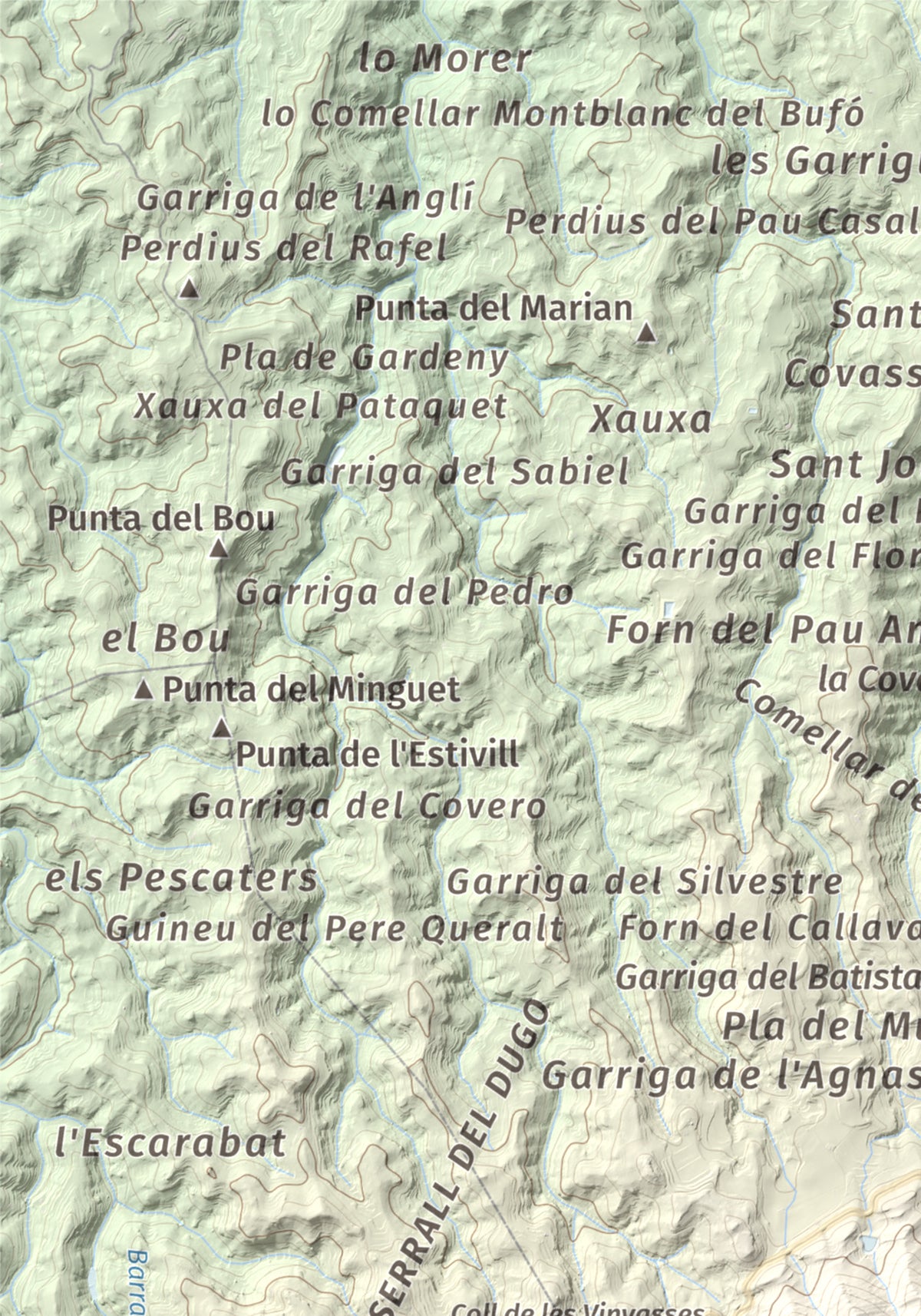 Mapa de relieve de Punta del General, 923 m, Garrigues · Priorat, lámina 100 Cims de Trobart. Detalle de la zona superior izquierda. 21 × 30 cm.
