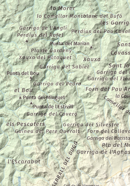 Mapa de relieve de Punta del General, 923 m, Garrigues · Priorat, lámina 100 Cims de Trobart. Detalle de la zona superior izquierda. 21 × 30 cm.