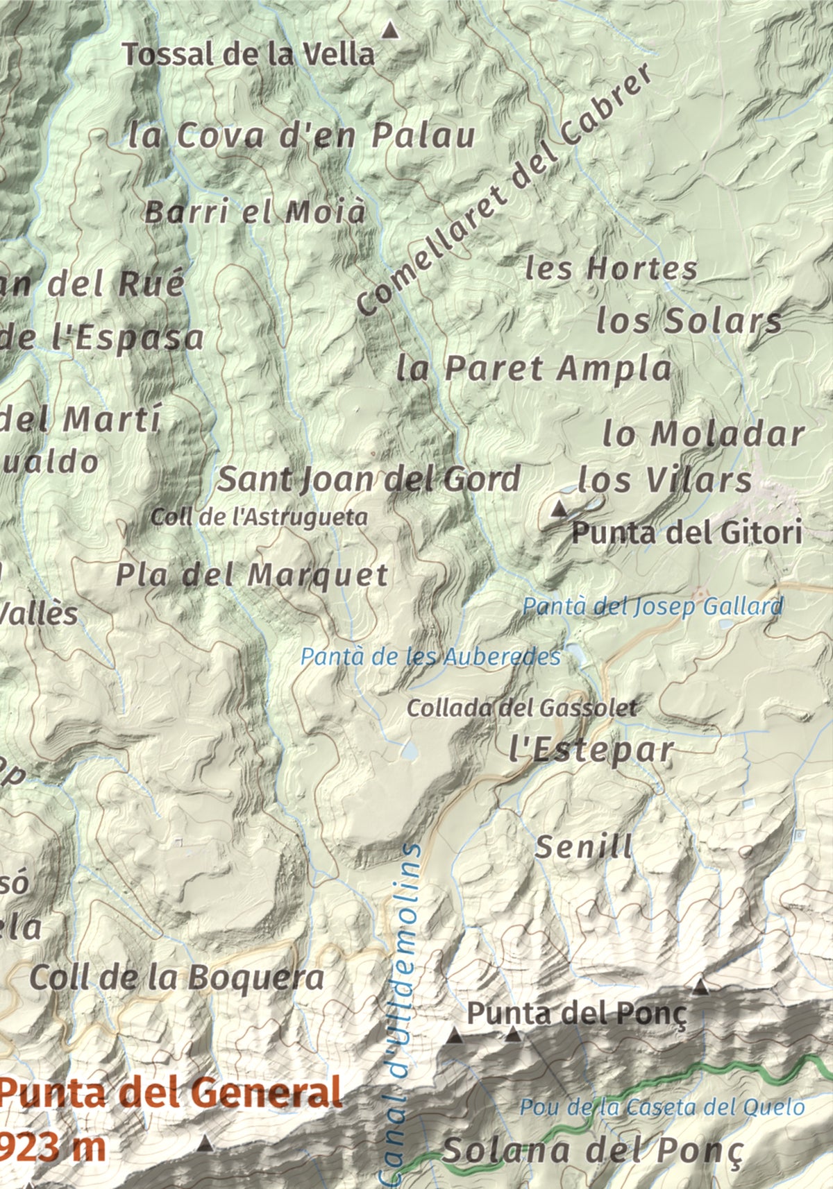 Mapa de relieve de Punta del General, 923 m, Garrigues · Priorat, lámina 100 Cims de Trobart. Detalle de la zona superior derecha. 21 × 30 cm.