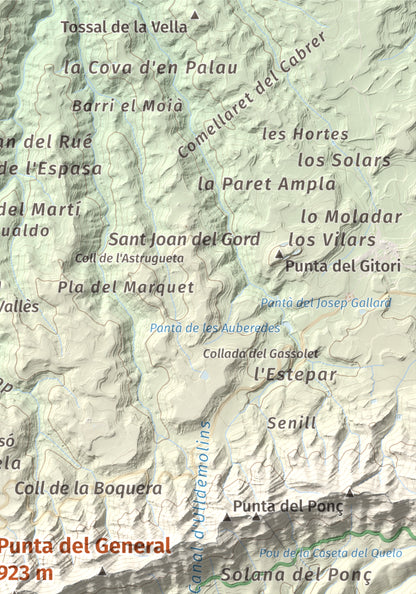 Mapa de relieve de Punta del General, 923 m, Garrigues · Priorat, lámina 100 Cims de Trobart. Detalle de la zona superior derecha. 21 × 30 cm.