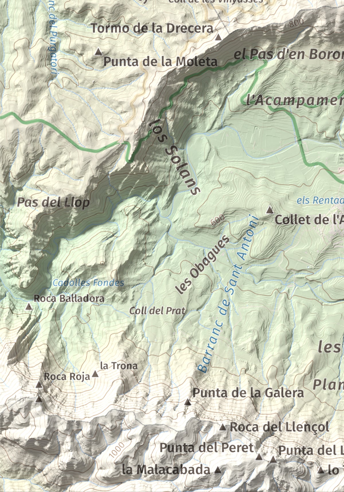 Mapa de relieve de Punta del General, 923 m, Garrigues · Priorat, lámina 100 Cims de Trobart. Detalle de la zona inferior izquierda. 21 × 30 cm.