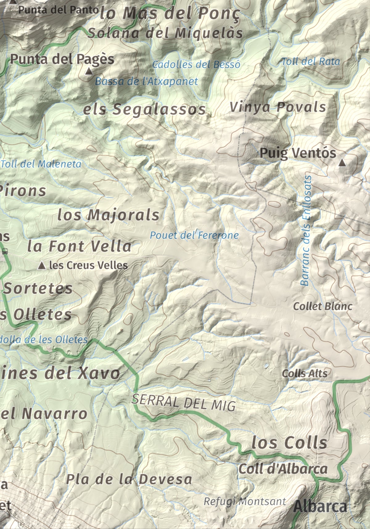 Mapa de relieve de Punta del General, 923 m, Garrigues · Priorat, lámina 100 Cims de Trobart. Detalle de la zona inferior derecha. 21 × 30 cm.