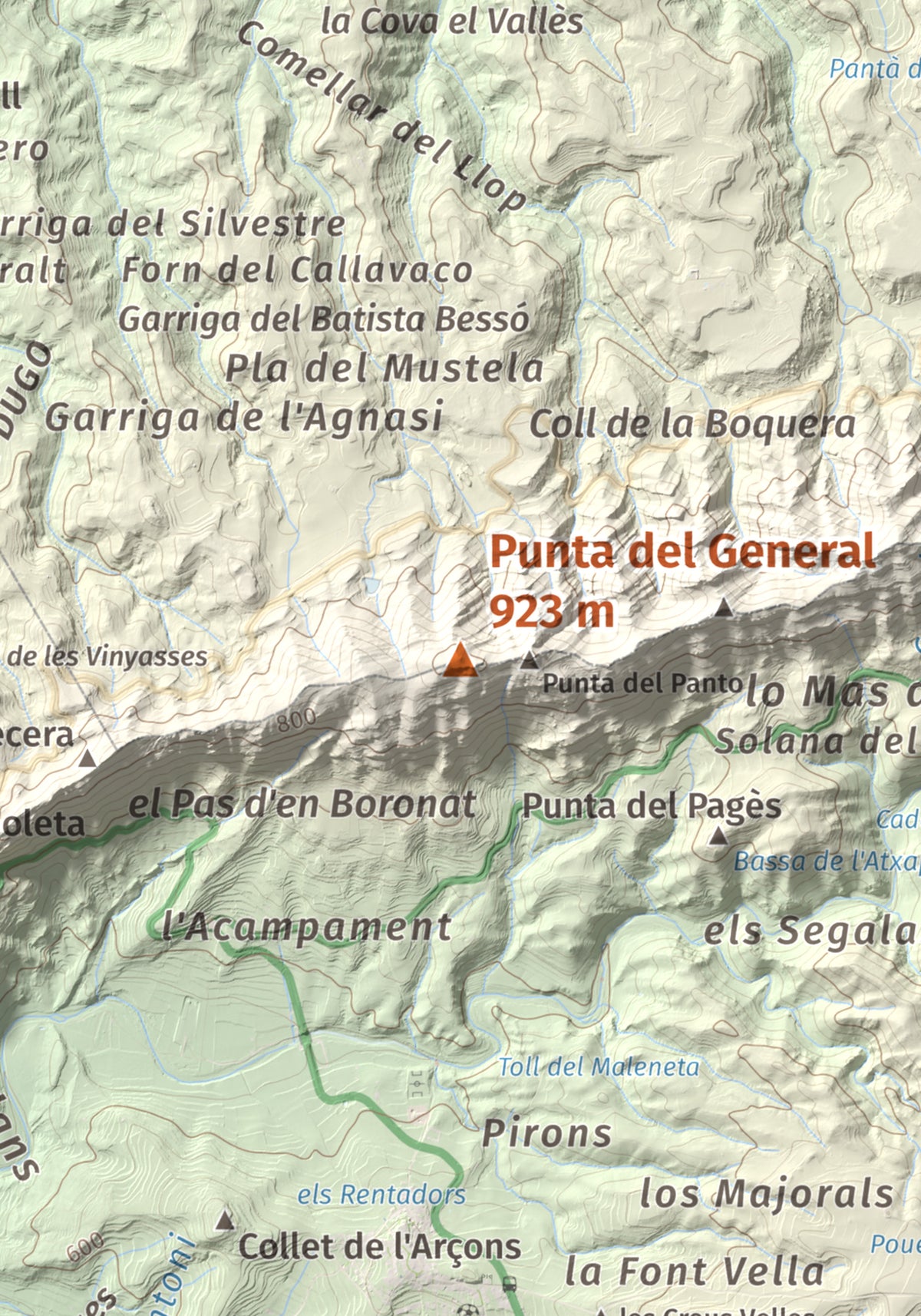 Mapa de relieve de Punta del General, 923 m, Garrigues · Priorat, lámina 100 Cims de Trobart. Detalle de la zona central. 21 × 30 cm.
