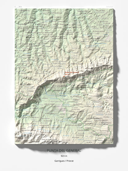 Mapa de relieve de Punta del General, 923 m, Garrigues · Priorat, lámina 100 Cims de Trobart 30 × 40 cm.