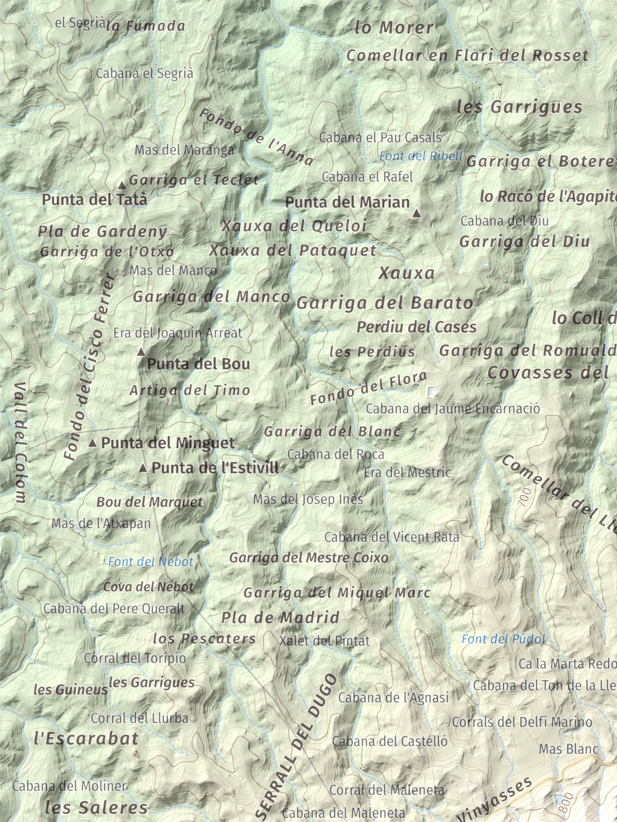 Mapa de relieve de Punta del General, 923 m, Garrigues · Priorat, lámina 100 Cims de Trobart. Detalle de la zona superior izquierda. 30 × 40 cm.