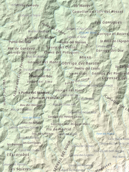 Mapa de relieve de Punta del General, 923 m, Garrigues · Priorat, lámina 100 Cims de Trobart. Detalle de la zona superior izquierda. 30 × 40 cm.