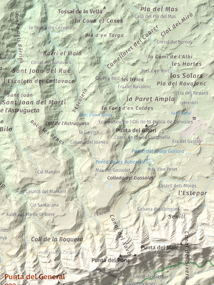 Mapa de relieve de Punta del General, 923 m, Garrigues · Priorat, lámina 100 Cims de Trobart. Detalle de la zona superior derecha. 30 × 40 cm.