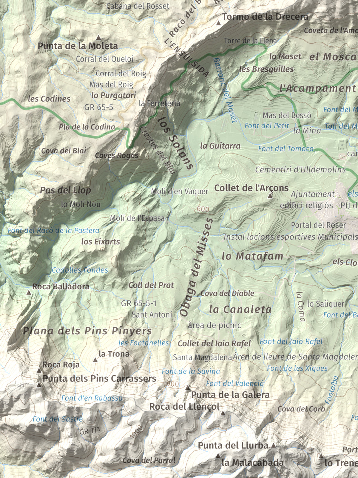 Mapa de relieve de Punta del General, 923 m, Garrigues · Priorat, lámina 100 Cims de Trobart. Detalle de la zona inferior izquierda. 30 × 40 cm.