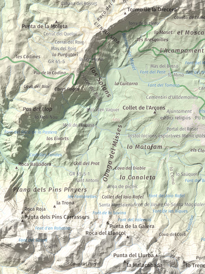 Mapa de relieve de Punta del General, 923 m, Garrigues · Priorat, lámina 100 Cims de Trobart. Detalle de la zona inferior izquierda. 30 × 40 cm.
