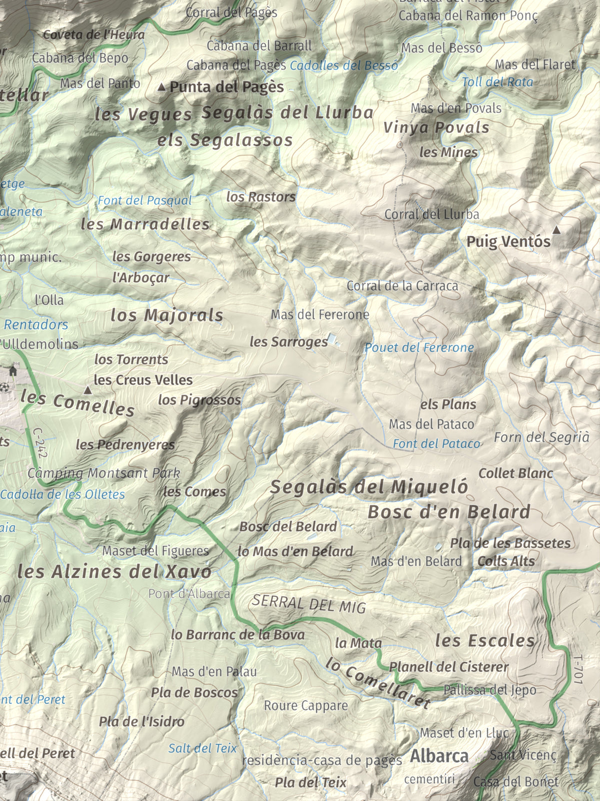 Mapa de relieve de Punta del General, 923 m, Garrigues · Priorat, lámina 100 Cims de Trobart. Detalle de la zona inferior derecha. 30 × 40 cm.