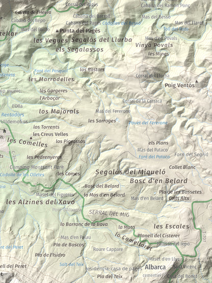Mapa de relieve de Punta del General, 923 m, Garrigues · Priorat, lámina 100 Cims de Trobart. Detalle de la zona inferior derecha. 30 × 40 cm.