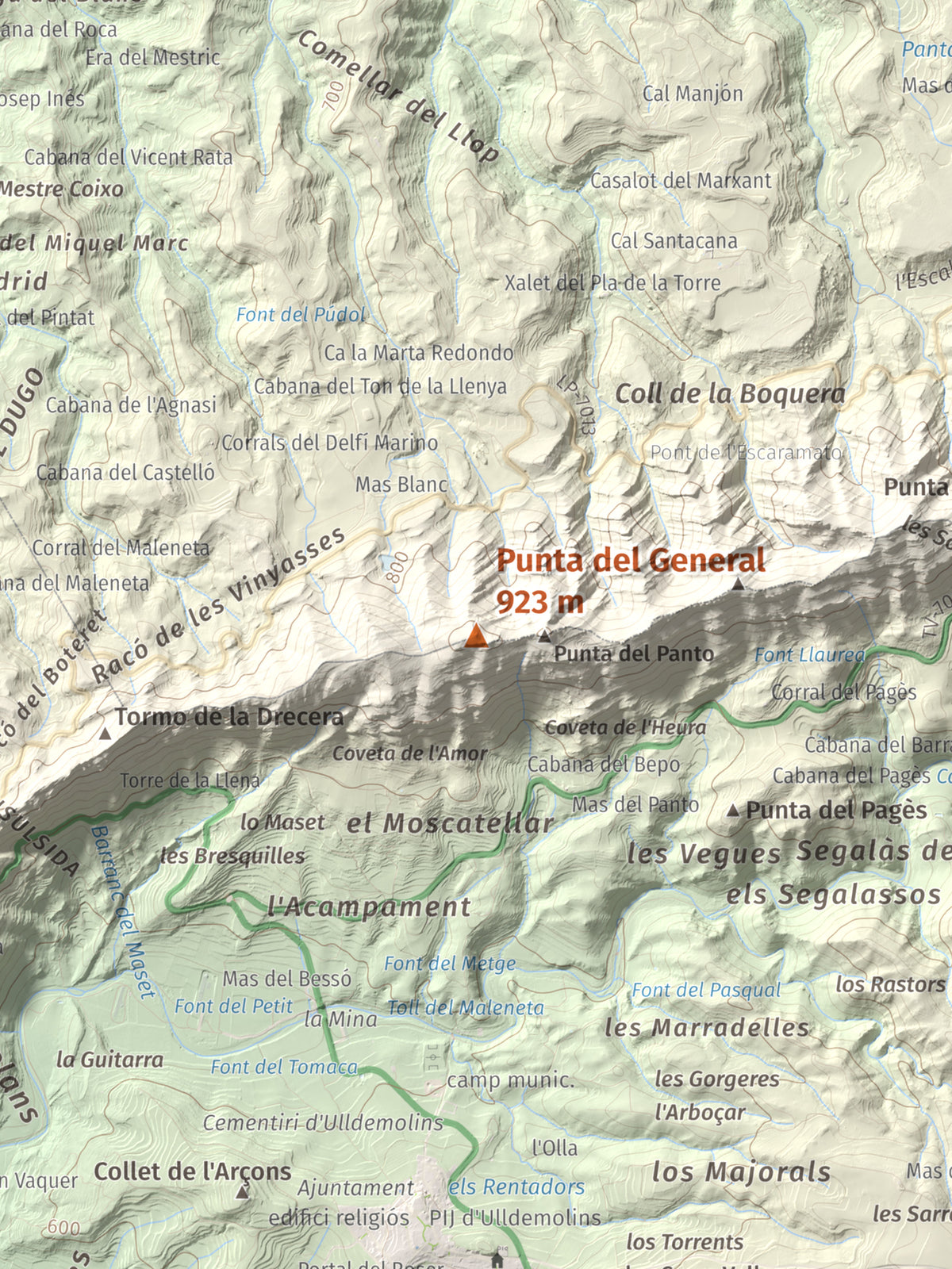 Mapa de relieve de Punta del General, 923 m, Garrigues · Priorat, lámina 100 Cims de Trobart. Detalle de la zona central. 30 × 40 cm.