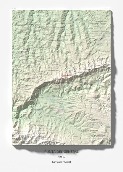 Mapa de relieve de Punta del General, 923 m, Garrigues · Priorat, lámina 100 Cims de Trobart 50 × 70 cm.
