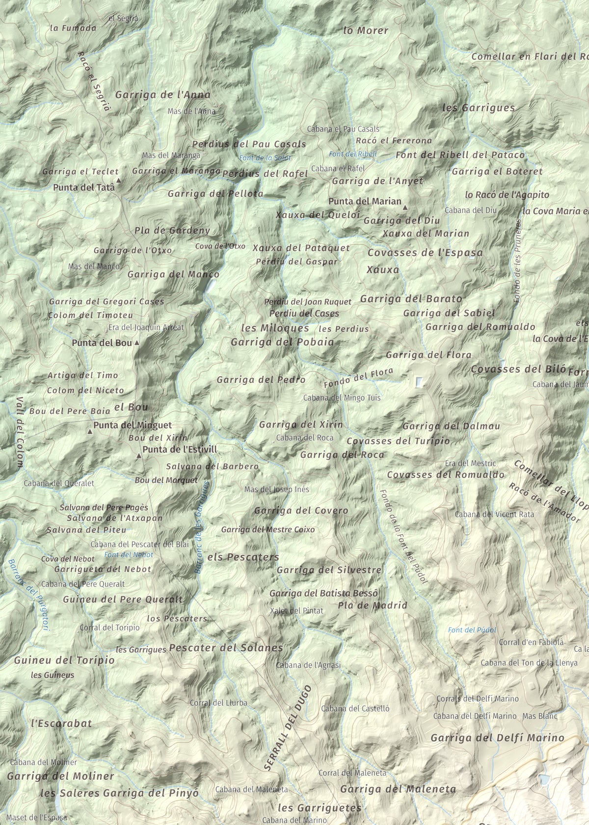 Mapa de relieve de Punta del General, 923 m, Garrigues · Priorat, lámina 100 Cims de Trobart. Detalle de la zona superior izquierda. 50 × 70 cm.