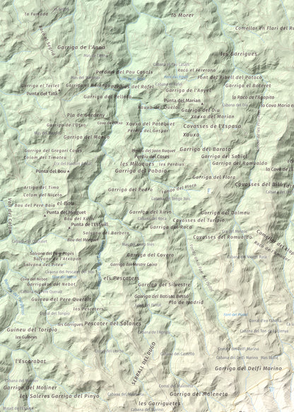 Mapa de relieve de Punta del General, 923 m, Garrigues · Priorat, lámina 100 Cims de Trobart. Detalle de la zona superior izquierda. 50 × 70 cm.