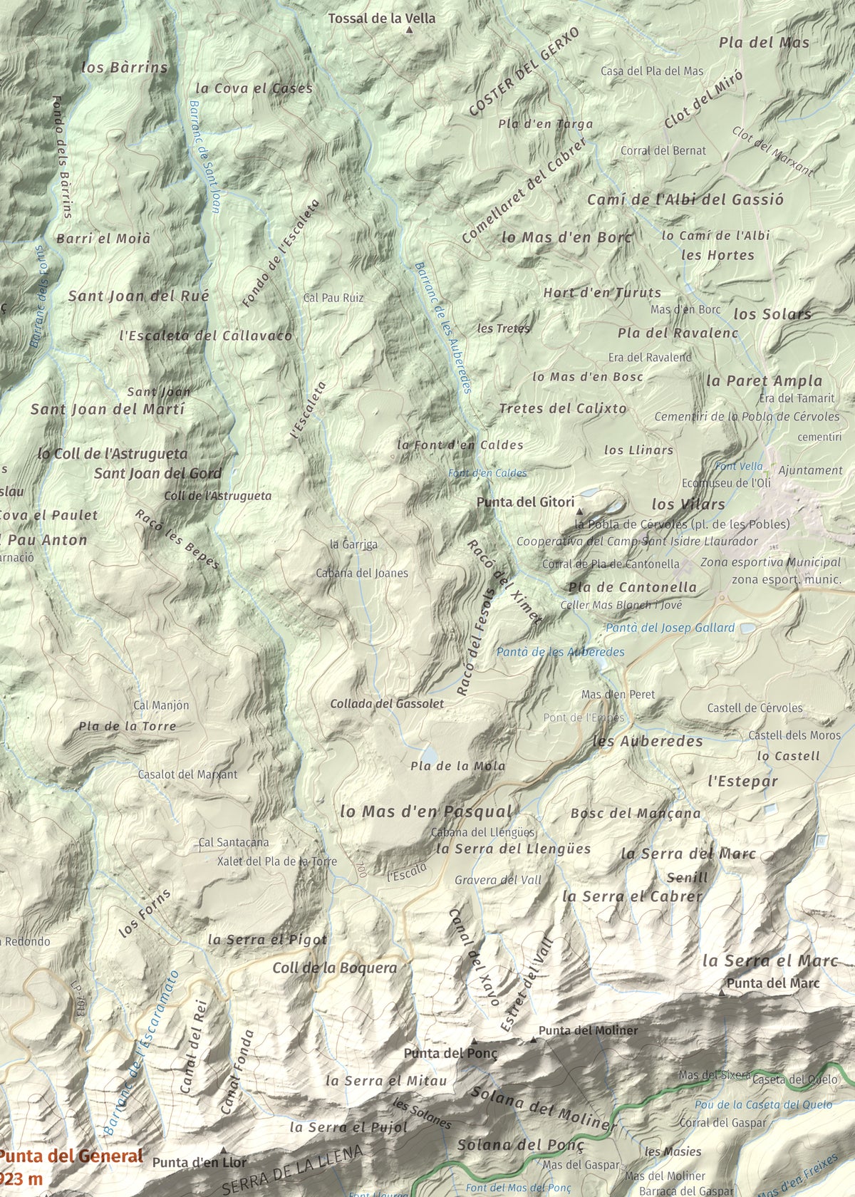 Mapa de relieve de Punta del General, 923 m, Garrigues · Priorat, lámina 100 Cims de Trobart. Detalle de la zona superior derecha. 50 × 70 cm.