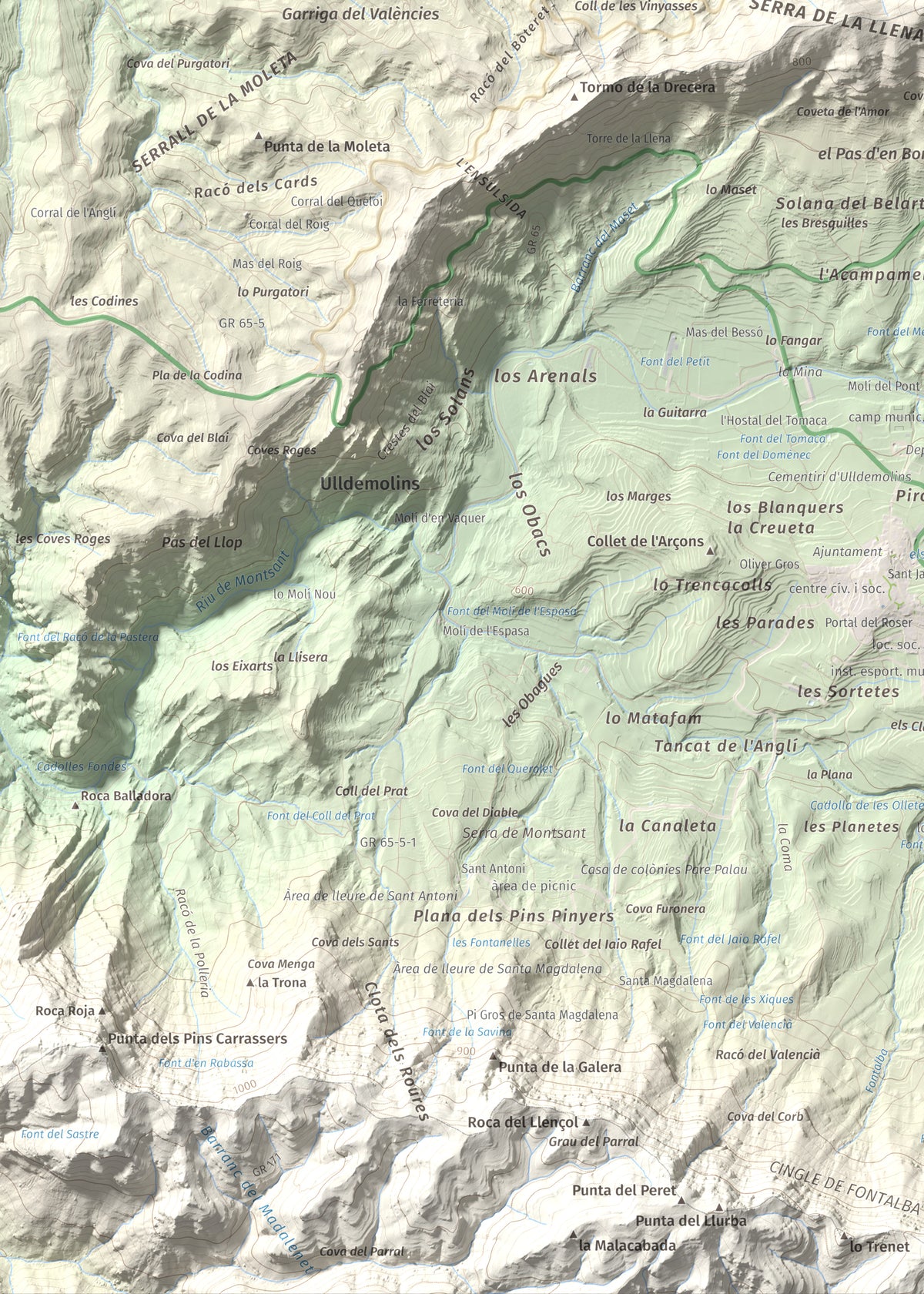 Mapa de relieve de Punta del General, 923 m, Garrigues · Priorat, lámina 100 Cims de Trobart. Detalle de la zona inferior izquierda. 50 × 70 cm.