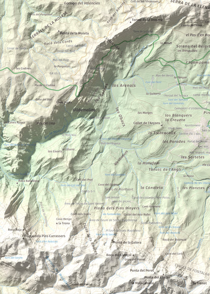 Mapa de relieve de Punta del General, 923 m, Garrigues · Priorat, lámina 100 Cims de Trobart. Detalle de la zona inferior izquierda. 50 × 70 cm.