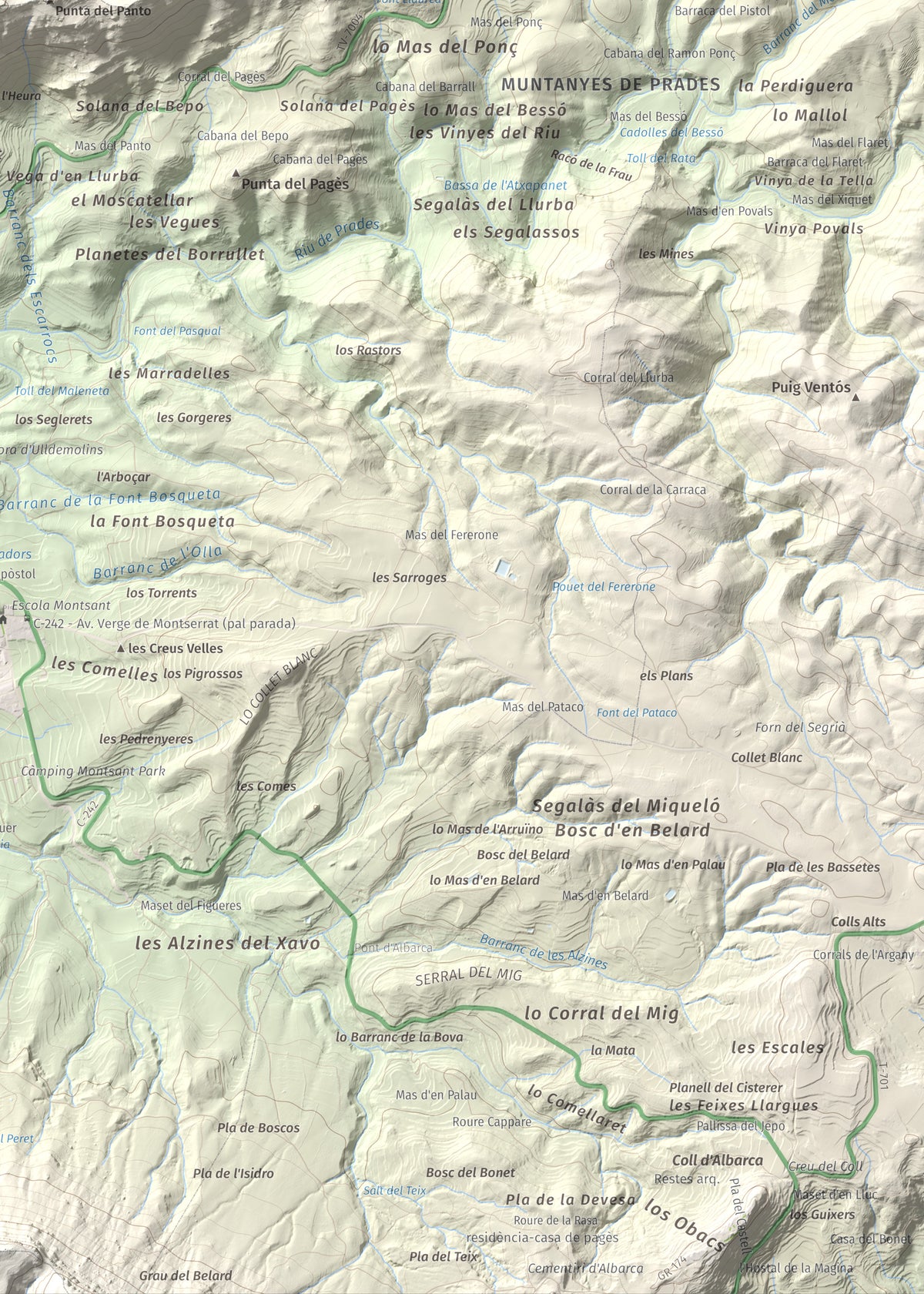 Mapa de relieve de Punta del General, 923 m, Garrigues · Priorat, lámina 100 Cims de Trobart. Detalle de la zona inferior derecha. 50 × 70 cm.