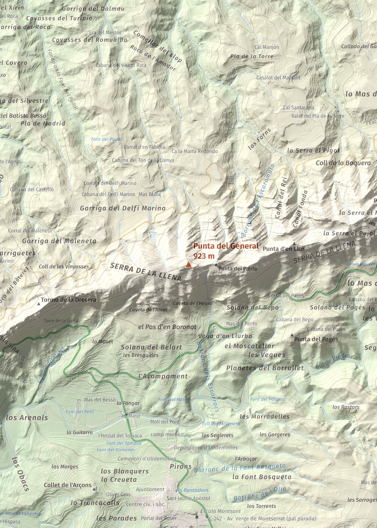 Mapa de relieve de Punta del General, 923 m, Garrigues · Priorat, lámina 100 Cims de Trobart. Detalle de la zona central. 50 × 70 cm.