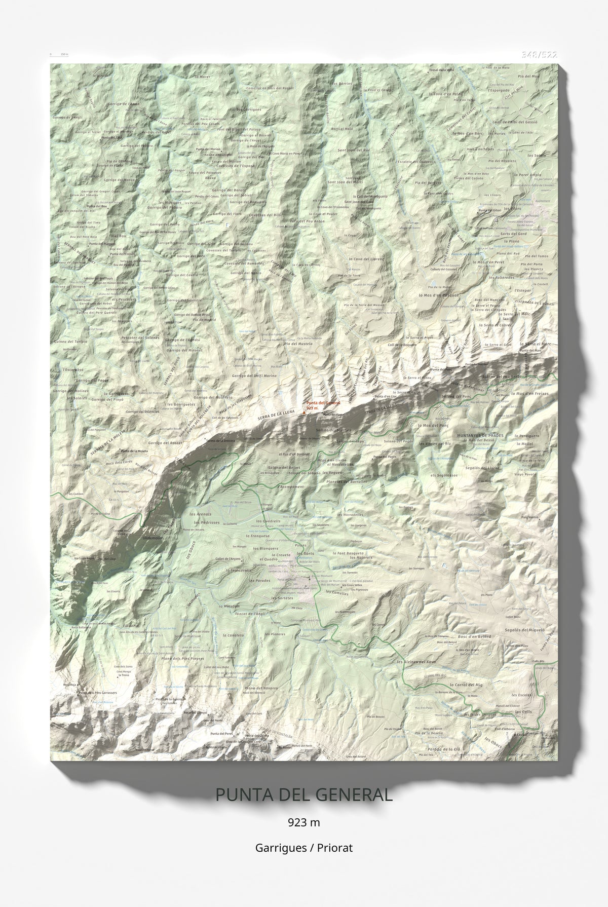 Mapa de relieve de Punta del General, 923 m, Garrigues · Priorat, lámina 100 Cims de Trobart 61 × 91 cm.