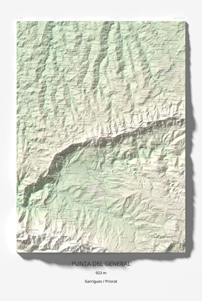 Mapa de relieve de Punta del General, 923 m, Garrigues · Priorat, lámina 100 Cims de Trobart 61 × 91 cm.