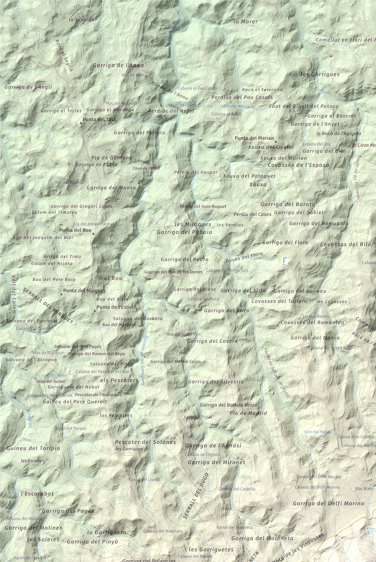 Mapa de relieve de Punta del General, 923 m, Garrigues · Priorat, lámina 100 Cims de Trobart. Detalle de la zona superior izquierda. 61 × 91 cm.