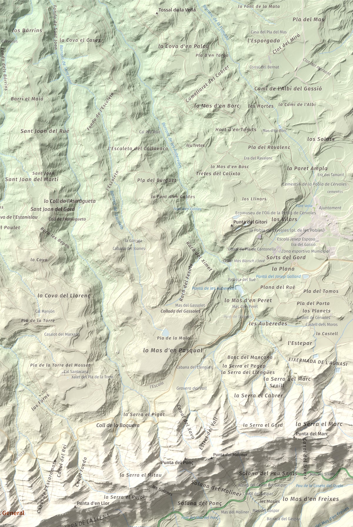 Mapa de relieve de Punta del General, 923 m, Garrigues · Priorat, lámina 100 Cims de Trobart. Detalle de la zona superior derecha. 61 × 91 cm.