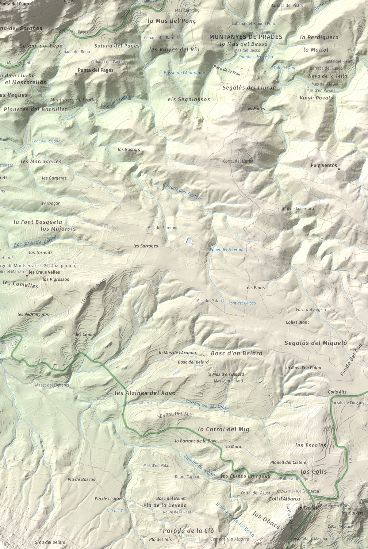 Mapa de relieve de Punta del General, 923 m, Garrigues · Priorat, lámina 100 Cims de Trobart. Detalle de la zona inferior derecha. 61 × 91 cm.