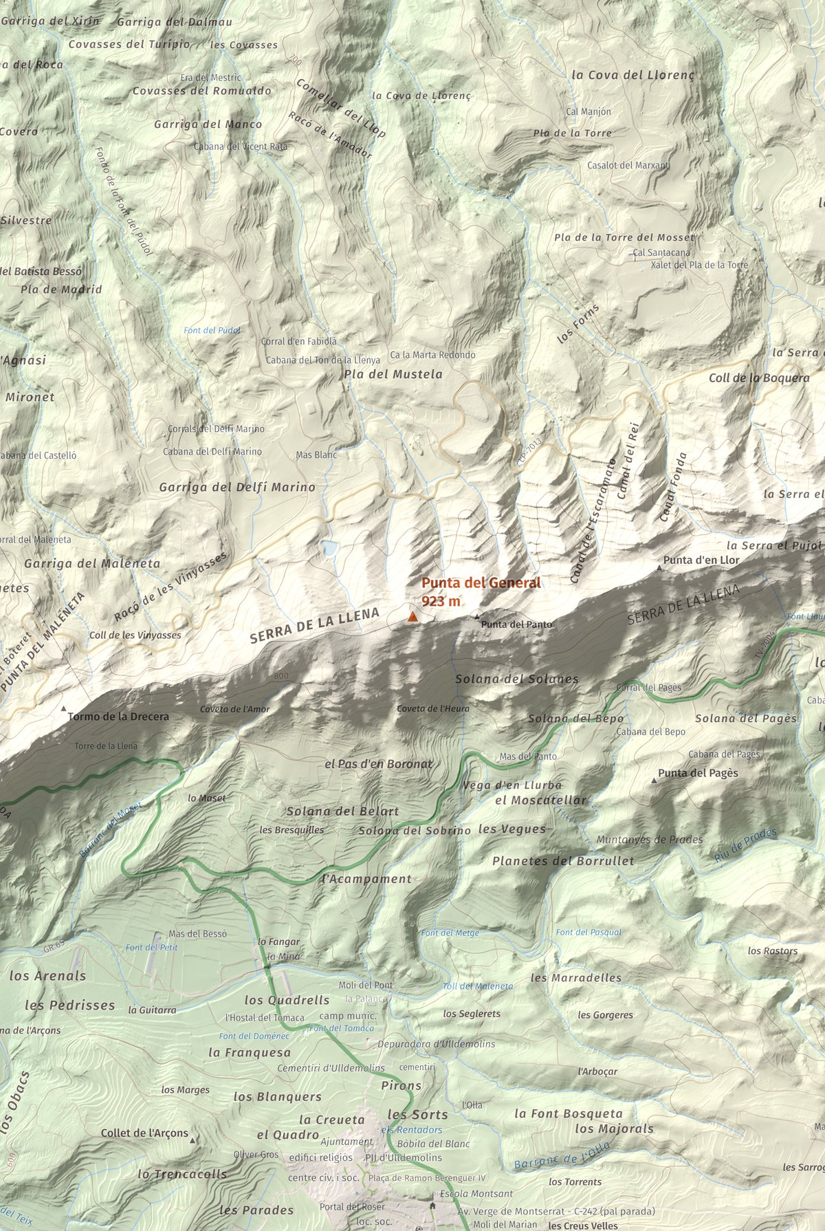 Mapa de relieve de Punta del General, 923 m, Garrigues · Priorat, lámina 100 Cims de Trobart. Detalle de la zona central. 61 × 91 cm.