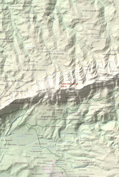 Mapa de relieve de Punta del General, 923 m, Garrigues · Priorat, lámina 100 Cims de Trobart. Detalle de la zona central. 61 × 91 cm.