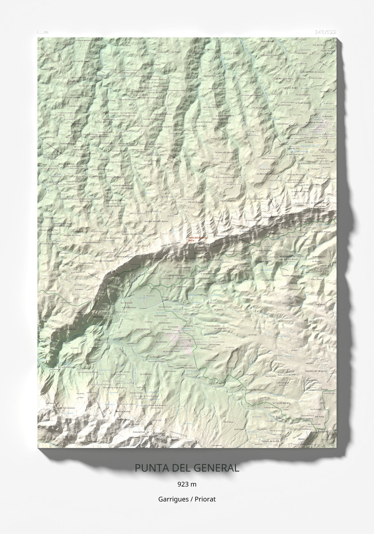Mapa de relieve de Punta del General, 923 m, Garrigues · Priorat, lámina 100 Cims de Trobart 70 × 100 cm.