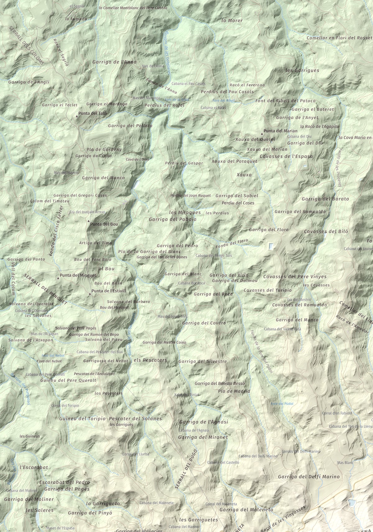 Mapa de relieve de Punta del General, 923 m, Garrigues · Priorat, lámina 100 Cims de Trobart. Detalle de la zona superior izquierda. 70 × 100 cm.
