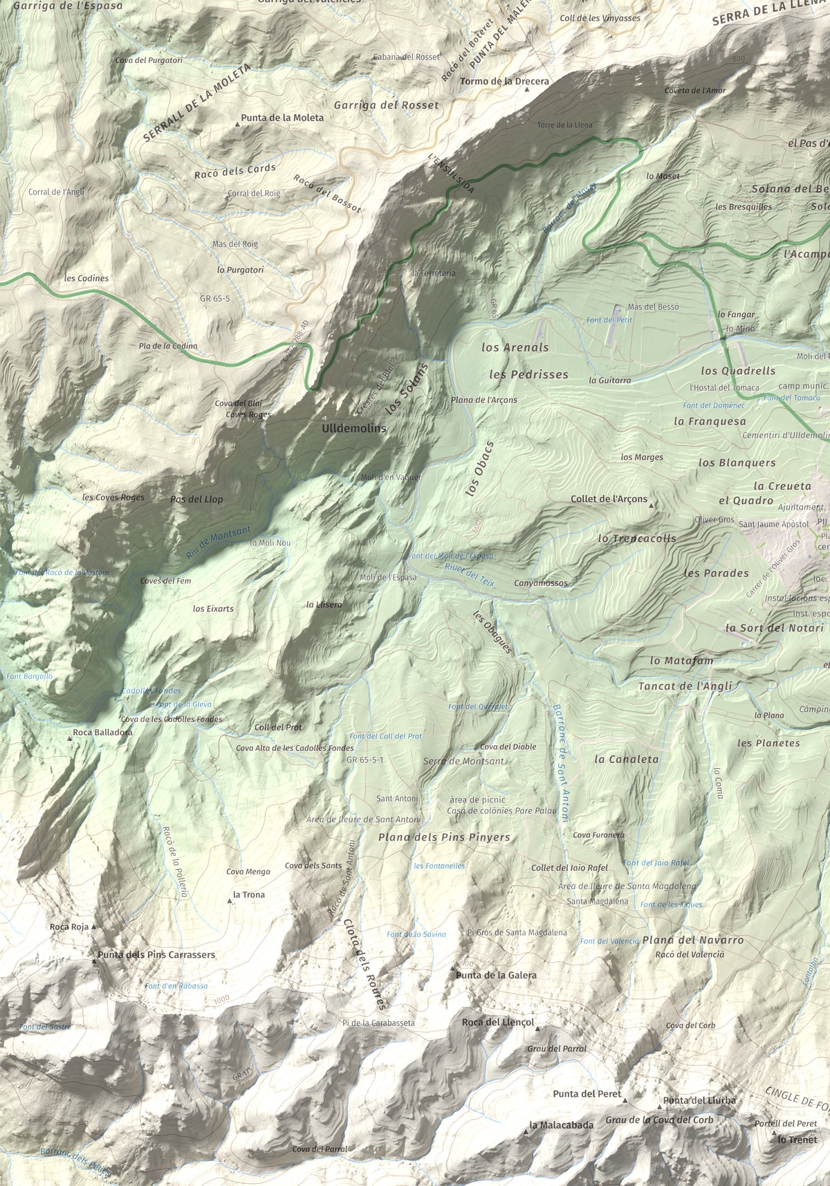 Mapa de relieve de Punta del General, 923 m, Garrigues · Priorat, lámina 100 Cims de Trobart. Detalle de la zona inferior izquierda. 70 × 100 cm.