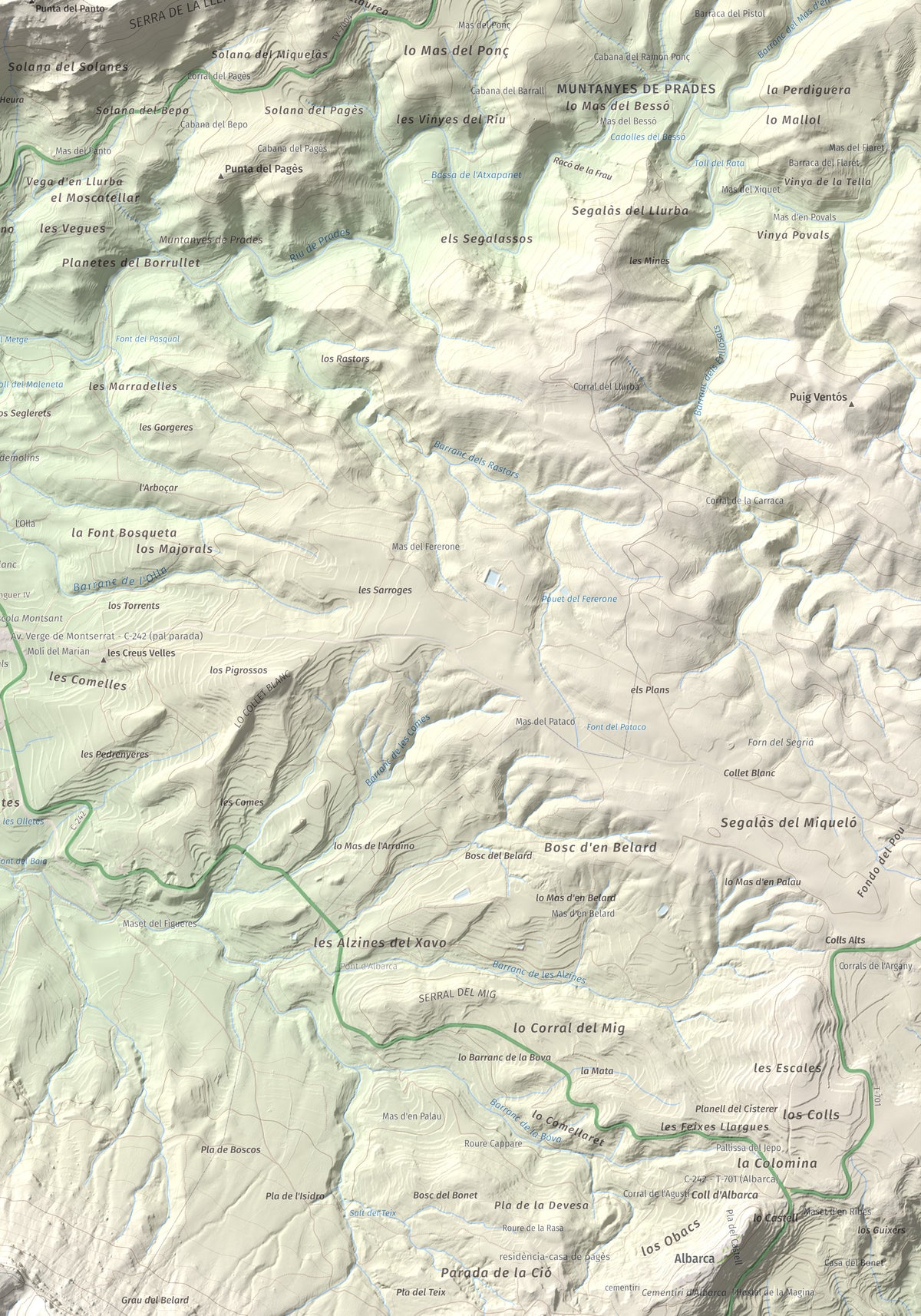 Mapa de relieve de Punta del General, 923 m, Garrigues · Priorat, lámina 100 Cims de Trobart. Detalle de la zona inferior derecha. 70 × 100 cm.