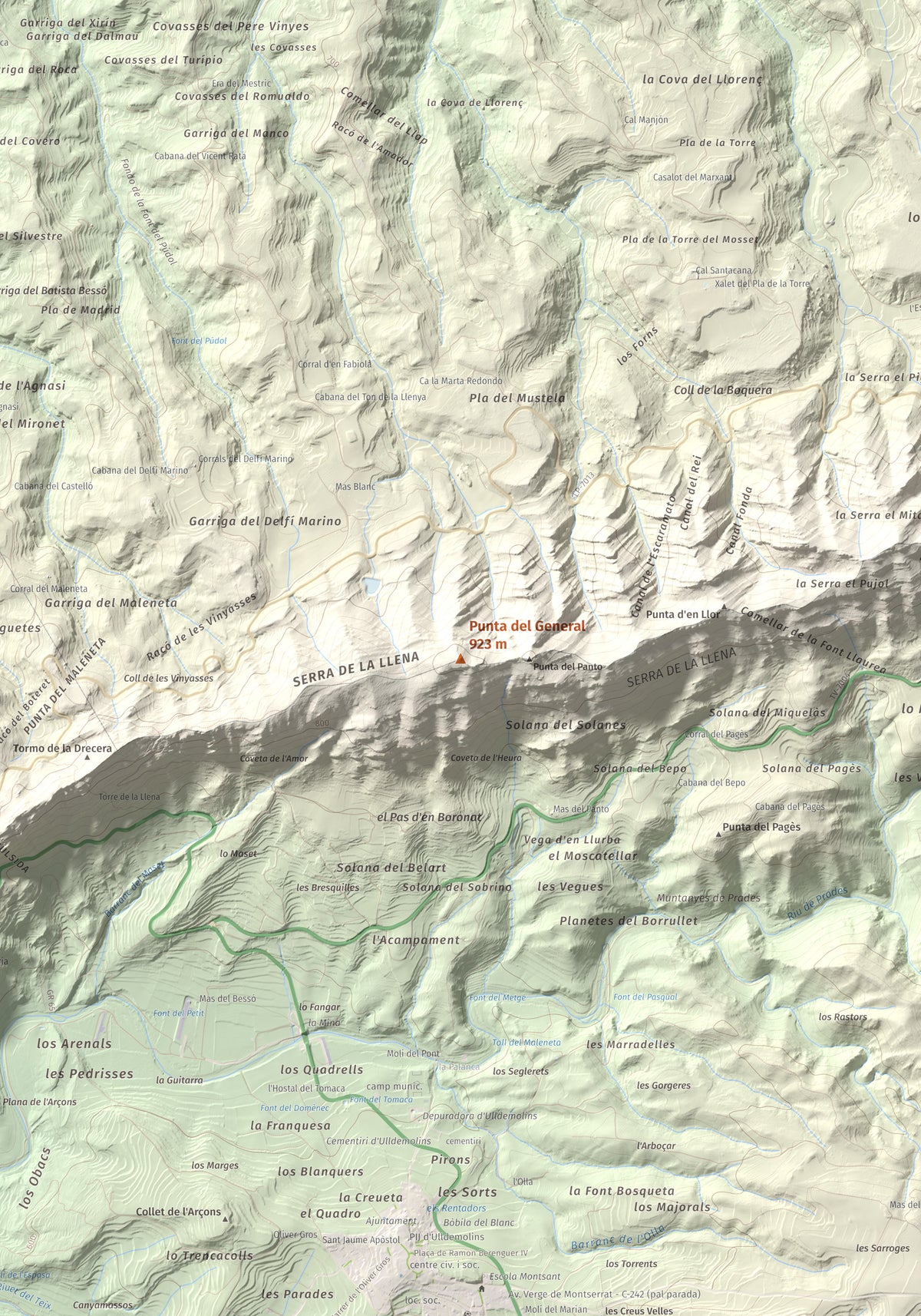Mapa de relieve de Punta del General, 923 m, Garrigues · Priorat, lámina 100 Cims de Trobart. Detalle de la zona central. 70 × 100 cm.