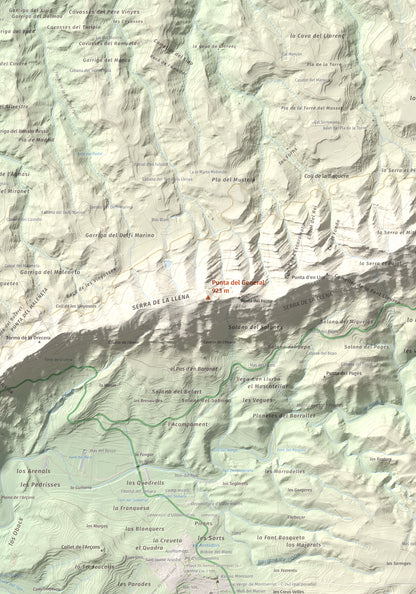 Mapa de relieve de Punta del General, 923 m, Garrigues · Priorat, lámina 100 Cims de Trobart. Detalle de la zona central. 70 × 100 cm.