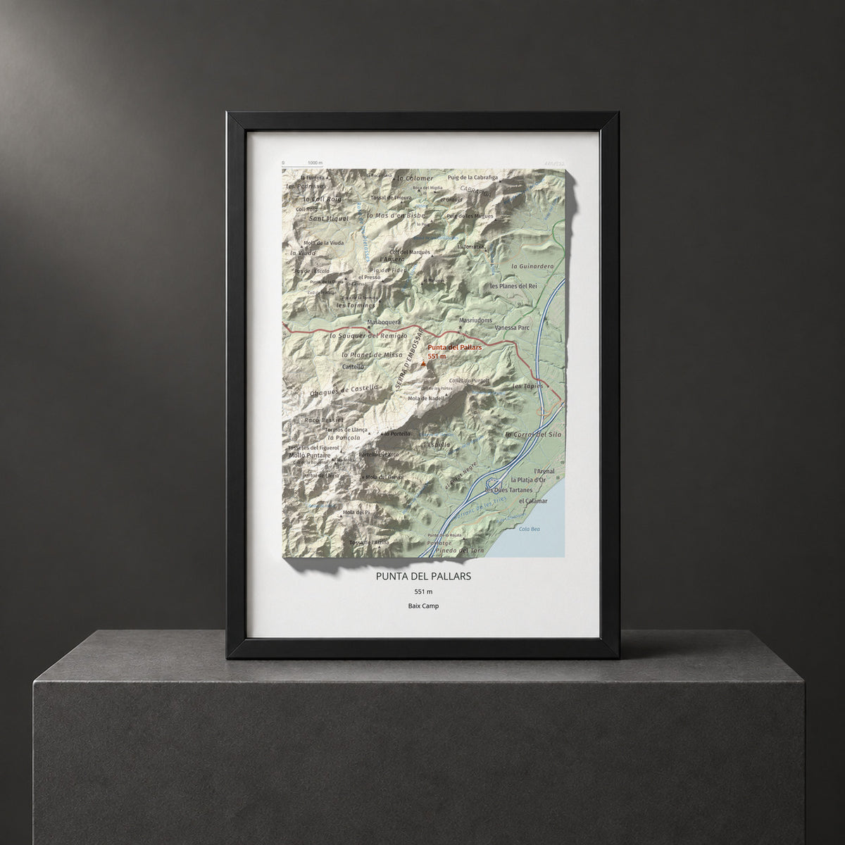 Mapa topográfico del relieve: Punta del Pallars, 551 m. Presentación enmarcada. 21 × 30 cm.