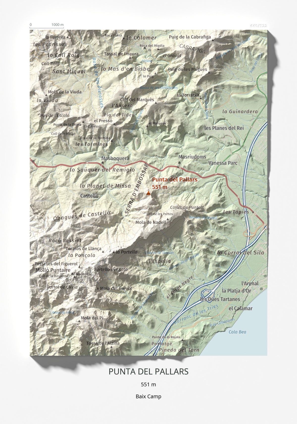 Mapa topográfico del relieve: Punta del Pallars, 551 m. Lámina completa. 21 × 30 cm.