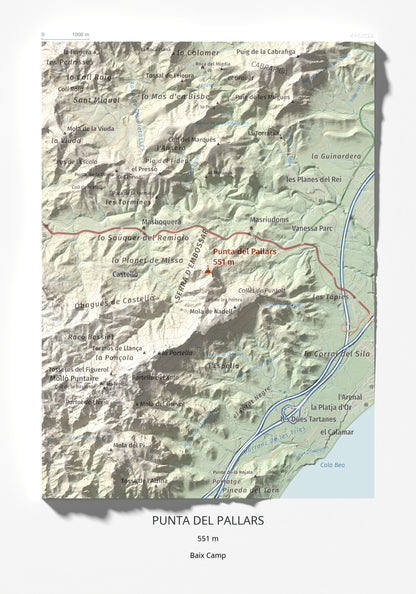 Mapa topográfico del relieve: Punta del Pallars, 551 m. Lámina completa. 21 × 30 cm.