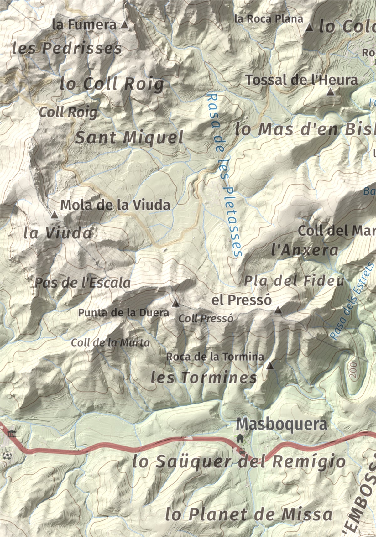 Mapa topográfico del relieve: Punta del Pallars, 551 m. Detalle de la zona superior izquierda. 21 × 30 cm.
