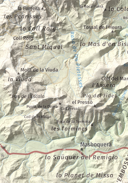 Mapa topográfico del relieve: Punta del Pallars, 551 m. Detalle de la zona superior izquierda. 21 × 30 cm.